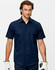 A navy short-sleeved work shirt with two chest pockets and a logo, worn by a man wearing glasses and gloves.