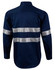 A navy blue long-sleeve work shirt featuring reflective 3M tape stripes and a logo.
