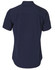 A navy blue short sleeve work shirt featuring a collar and a back yoke, with a branding logo on the label.