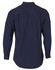 A navy blue long sleeve work shirt with a collar and buttoned cuffs. The back features a simple design and a logo.