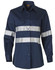 A navy long-sleeved work shirt with 3M reflective strips and two chest pockets. Features a logo on the collar.