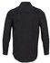 A black long-sleeved work shirt with a collar and buttoned cuffs, featuring a logo.