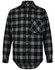 A unisex flannel plaid shirt in black and grey, featuring a button-up front and chest pocket, with a logo tag.