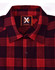 A unisex flannel plaid shirt in red and black with a button-up collar and a branded tag.