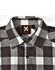 A black and white flannel plaid button-up shirt featuring a collar and a logo on the label.