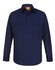 A navy blue long-sleeve work shirt featuring a closed front and two chest pockets, with a small logo.