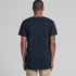 A dark navy T-shirt with short sleeves, featuring a branding label on the back.