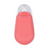 A pink glue tape dispenser with a transparent cap, featuring a rounded shape. It includes a branding logo.