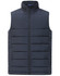 A men's sustainable insulated puffer vest in navy blue with a 3D cut design and a front zip closure.