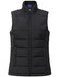 A black ladies' sustainable insulated puffer vest with a full zip and a collared neckline. It features a logo.