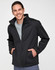 A black men's sustainable softshell corporate jacket features a zip front and two side pockets. It has a branding logo.