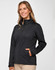 A black ladies' sustainable softshell corporate jacket with a zip front and side pockets, featuring a logo.