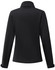 A black sustainable softshell corporate jacket with a high collar and long sleeves, featuring a logo on the back.