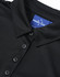 A black jacquard knit short-sleeve polo featuring a collar and buttons, with a label inside.