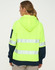 A Hi-Vis two-tone safety hoodie in fluorescent yellow and navy blue, featuring segmented reflective tape.