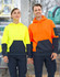 Hi-Vis two-tone fleece hoodies in yellow and orange with navy accents, featuring a pocket and logo.
