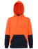 A bright orange and navy two-tone water-resistant fleece hoodie featuring a hood and front pocket. Includes a logo.