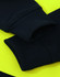 A close-up of a black fleece hoodie with bright yellow accents, featuring ribbed cuffs and a logo.