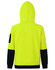 A bright yellow water-resistant fleece hoodie with navy accents and a hood. Features a branding logo on one sleeve.