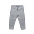 Grey kids' track pants featuring an elastic waistband, drawstring, and side pockets. The design has a simple, sporty style.