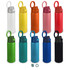 A drink bottle collection featuring various colours, including white, yellow, orange, pink, red, green, teal, blue, and black. Each bottle has a handle and a logo.