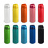 A drink bottle in various colours including white, yellow, orange, pink, red, green, blue, and black, featuring a lid and branding.