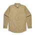 A button-up shirt in a light beige colour with long sleeves and a single chest pocket. It has a logo.