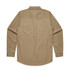 A beige denim wash shirt with long sleeves and a buttoned collar, featuring a plain back design.