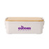 A lunch box in white with a bamboo lid and a logo. Features a dual-compartment design.