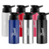 A drink bottle collection featuring black, red, blue, white, and silver options, each with a logo on the side.