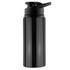 A drink bottle in sleek black with a flip-top spout and a logo on the side.