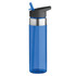A drink bottle with a blue plastic body and a black lid, featuring a flip straw and a stainless steel band.