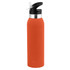 A drink bottle in orange silicone with a black spout and silver detailing, featuring a logo.