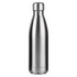 A drink bottle in a sleek stainless steel finish with a rounded base and a silver cap. It features a logo.