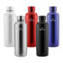 A drink bottle collection featuring stainless steel, red, black, white, and blue options, each with a logo.