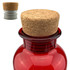 A drink bottle in vibrant red glass with a cork stopper and a grey accent. It features a logo on the design.
