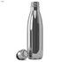 A drink bottle in silver metal with a detachable lid and a simple, sleek design. It features a logo.
