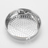 A stainless steel colander with perforated holes for draining liquids. It features a handle for easy use.