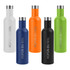 A drink bottle collection featuring white, orange, green, navy blue, and black bottles with a silver cap and logos.