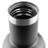 A drink bottle in matte black with a stainless steel rim and threaded opening. It features a logo.