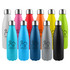 A drink bottle collection featuring shiny stainless steel designs in various colours including blue, pink, orange, yellow, green, black, and silver.