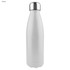 A drink bottle made of shiny stainless steel with a single wall, featuring a white exterior and a silver cap.