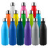 A collection of shiny aluminium drink bottles in various colours including white, orange, pink, green, blue, and black, with metal tops.
