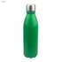 A green aluminium drink bottle with a shiny silver lid, featuring a logo on the side.