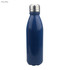 A drink bottle in navy blue with a shiny aluminium finish and a stainless steel lid, featuring a branding logo.