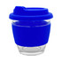 A reusable coffee cup with a clear glass body and blue silicone lid and sleeve. Features a logo on the sleeve.