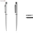 A metal pen in white with a silver clip, featuring a branded logo.