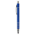 A blue metal stylus pen with chrome accents and a clip, featuring a smooth design.