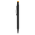 A black stylus pen with an orange tip, featuring a clip and a sleek design. It has a logo on the barrel.