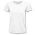 A white women's organic T-shirt with a fitted design, featuring a crew neckline and short sleeves, plus a logo.